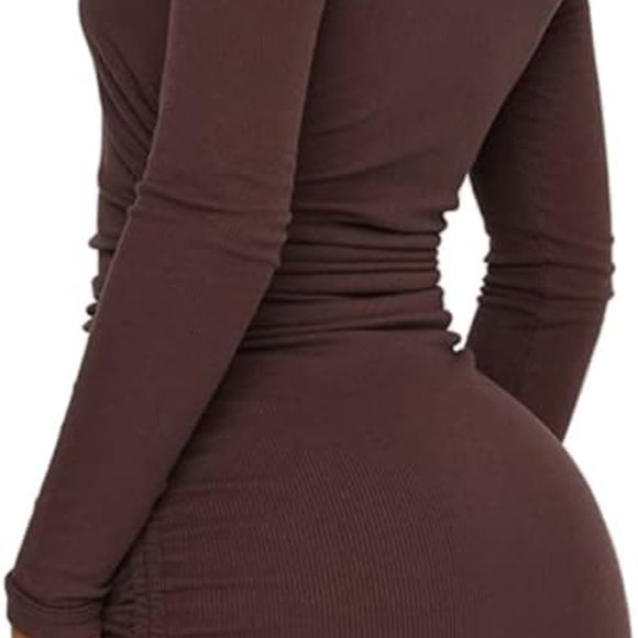 (NWOT)MiiVoo Sexy Ruched Long Sleeve Drawstring Mini Bodycon Dress Size S Coffee - Picture 3 of 7